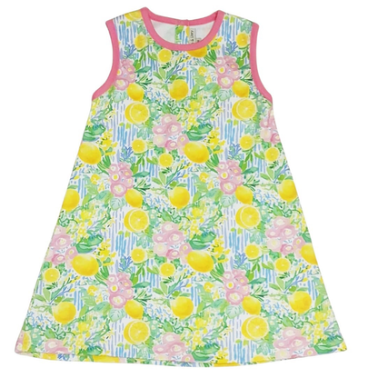 Colorful sleeveless dress with floral and lemon pattern on a white background