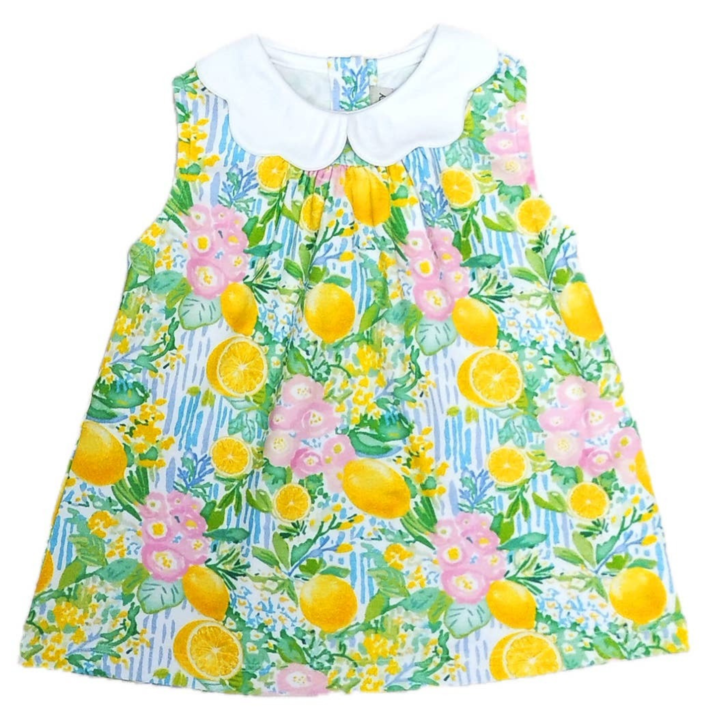 Children's dress with lemon and floral pattern on a white background