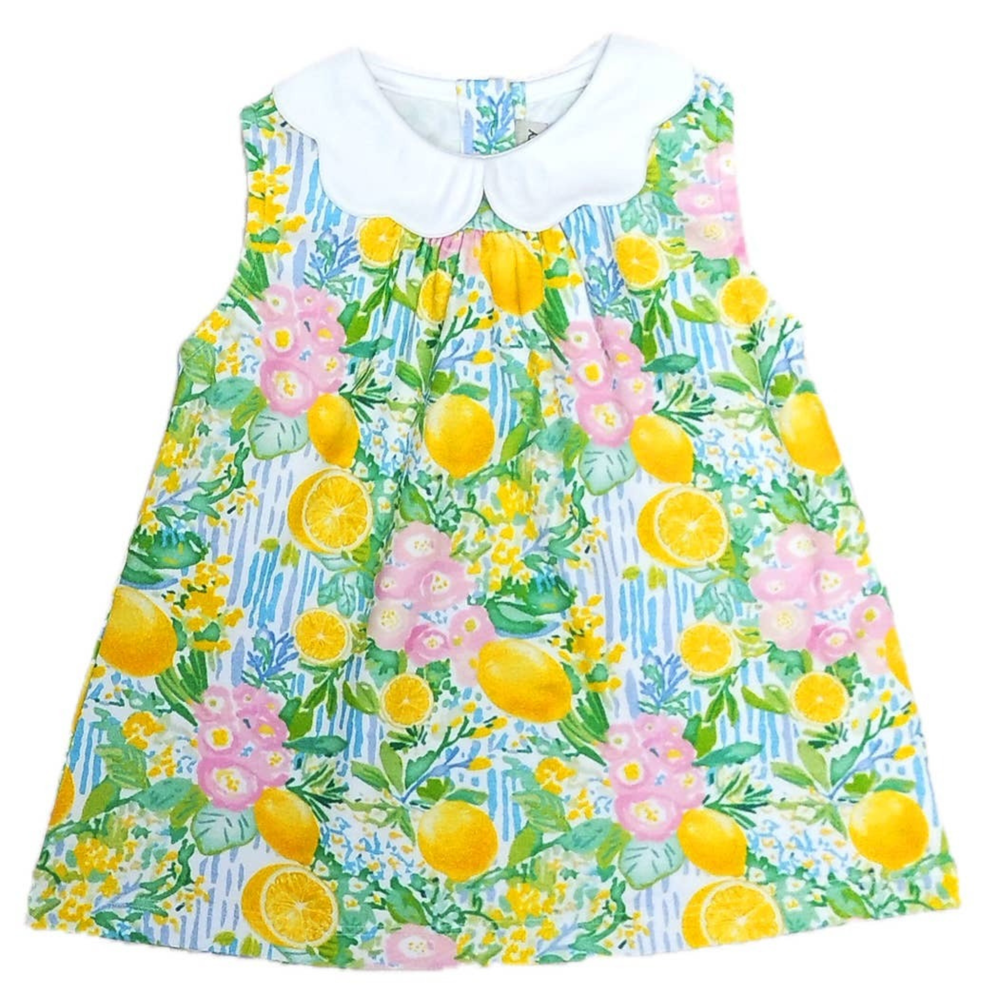 Children's dress with lemon and floral pattern on a white background