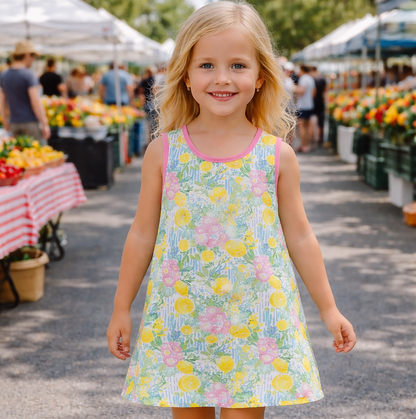 Young girl in a colorful dress standing at an outdoor market.
