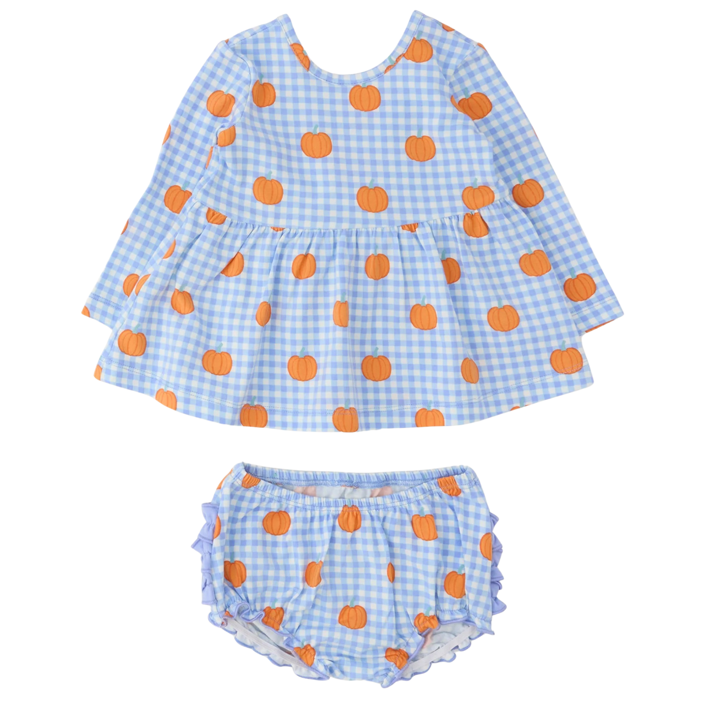 A two-piece baby girl's outfit set featuring a long-sleeve ruffle dress and matching bloomers, both in a light blue and white gingham pattern with orange pumpkin prints, shown on a plain white background.