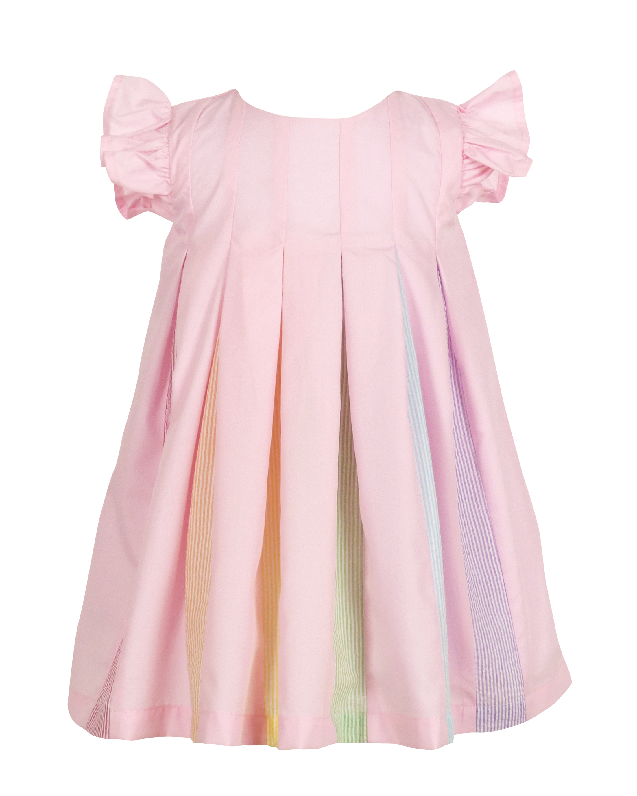 Pink dress with colorful stripes on a white background