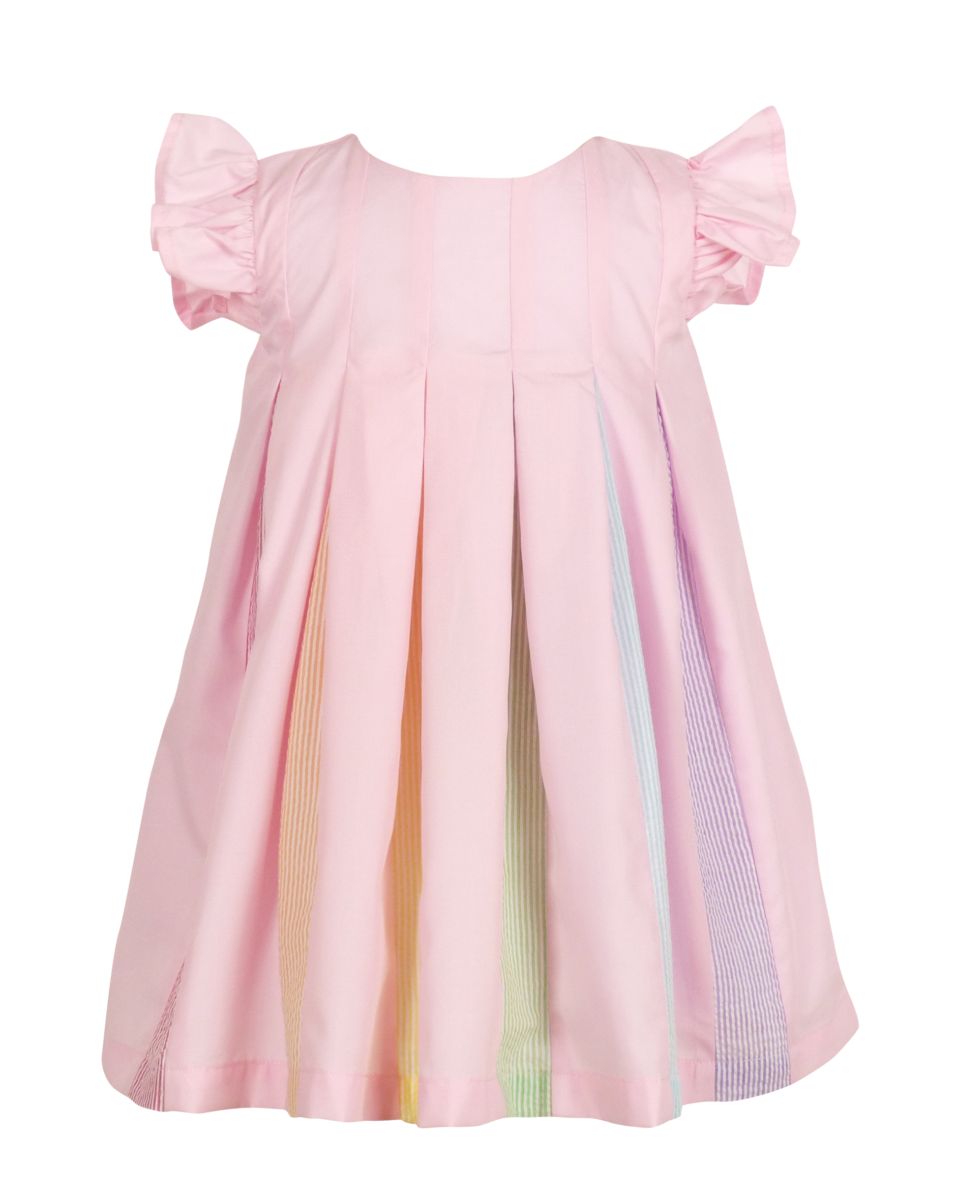 Pink dress with colorful stripes on a white background