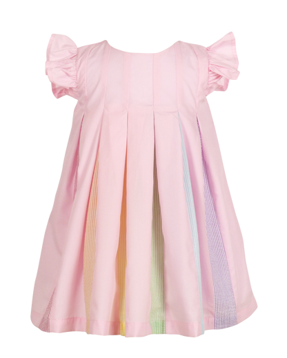 Pink dress with colorful stripes on a white background