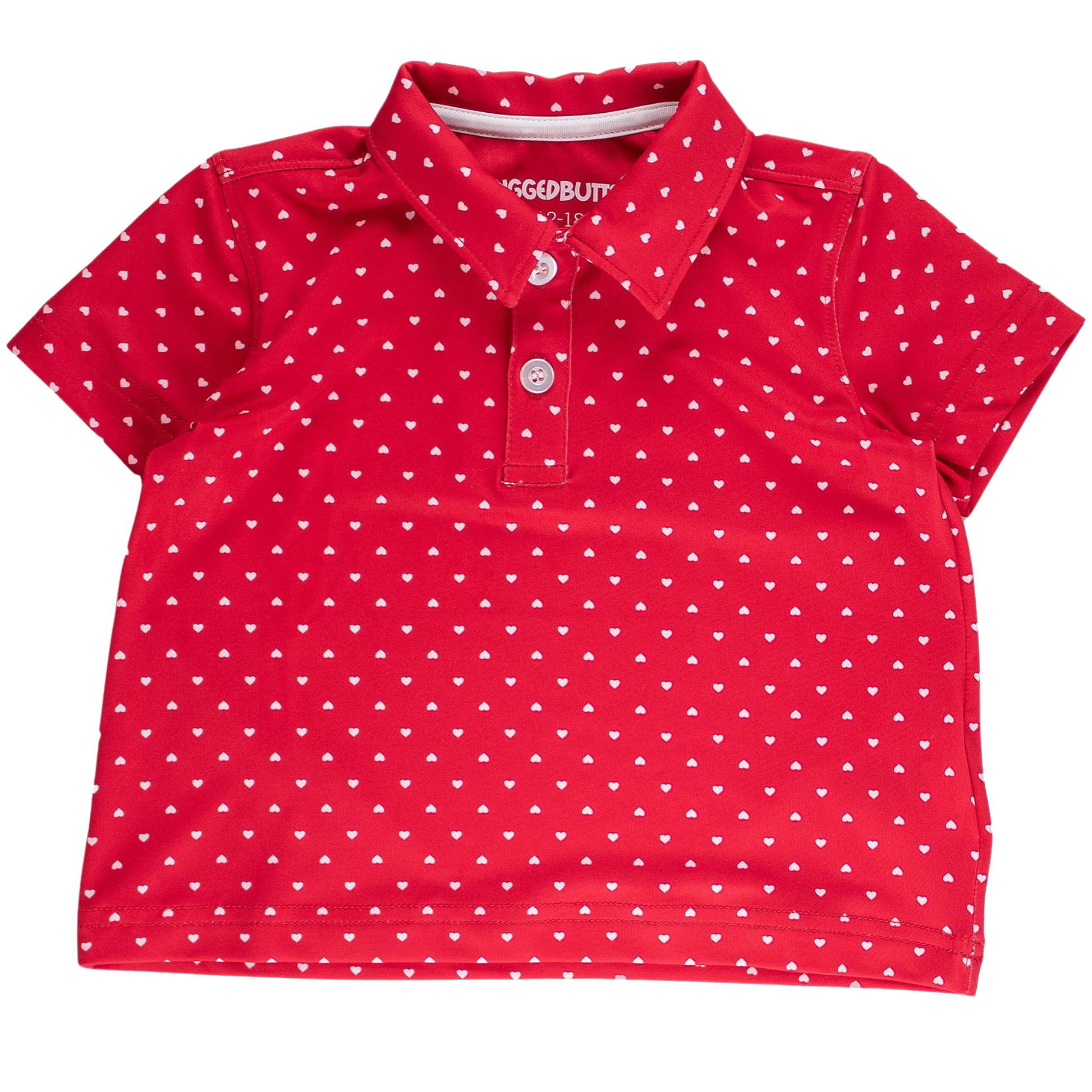 Red polo shirt with white heart pattern on a white background