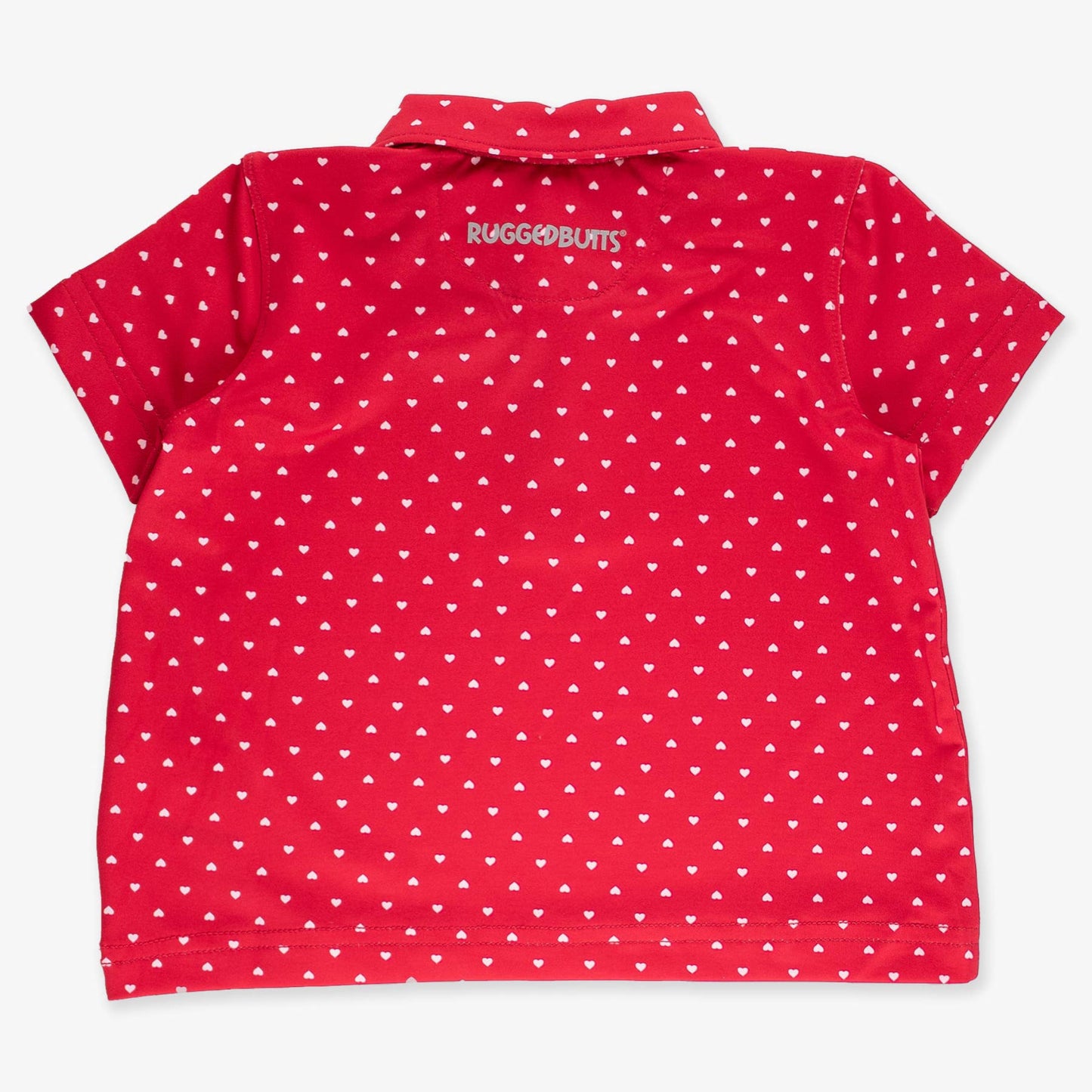 Red polo shirt with white hearts with 'Ruggedbutts' branding on a white background