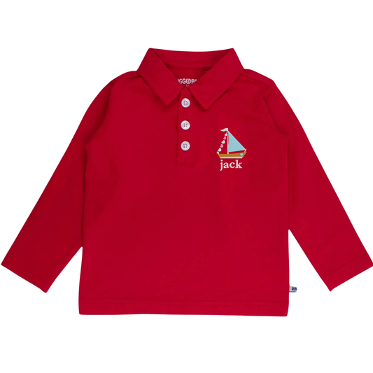 Red long-sleeve polo shirt with a sailboat design and 'jack' text on a white background