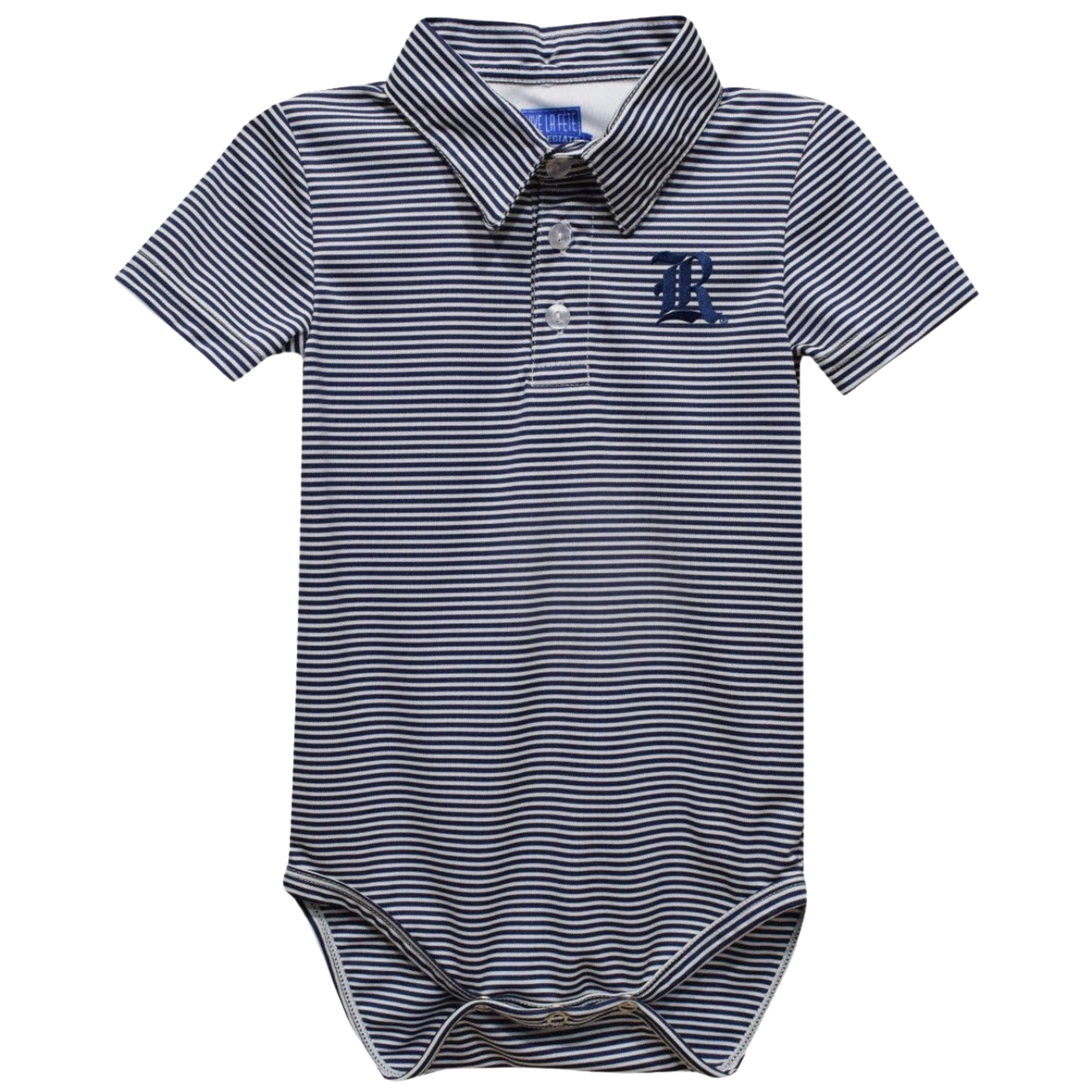 A baby short-sleeve polo bodysuit with navy and white horizontal stripes, featuring a small embroidered navy blue 'K' logo on the left chest, set against a plain white background.