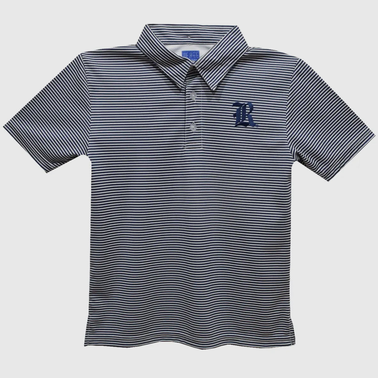 Striped polo shirt with a logo on a light gray background