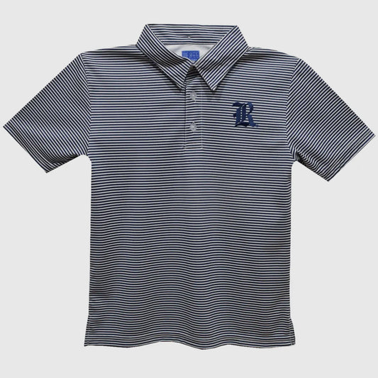 Striped polo shirt with a logo on a light gray background
