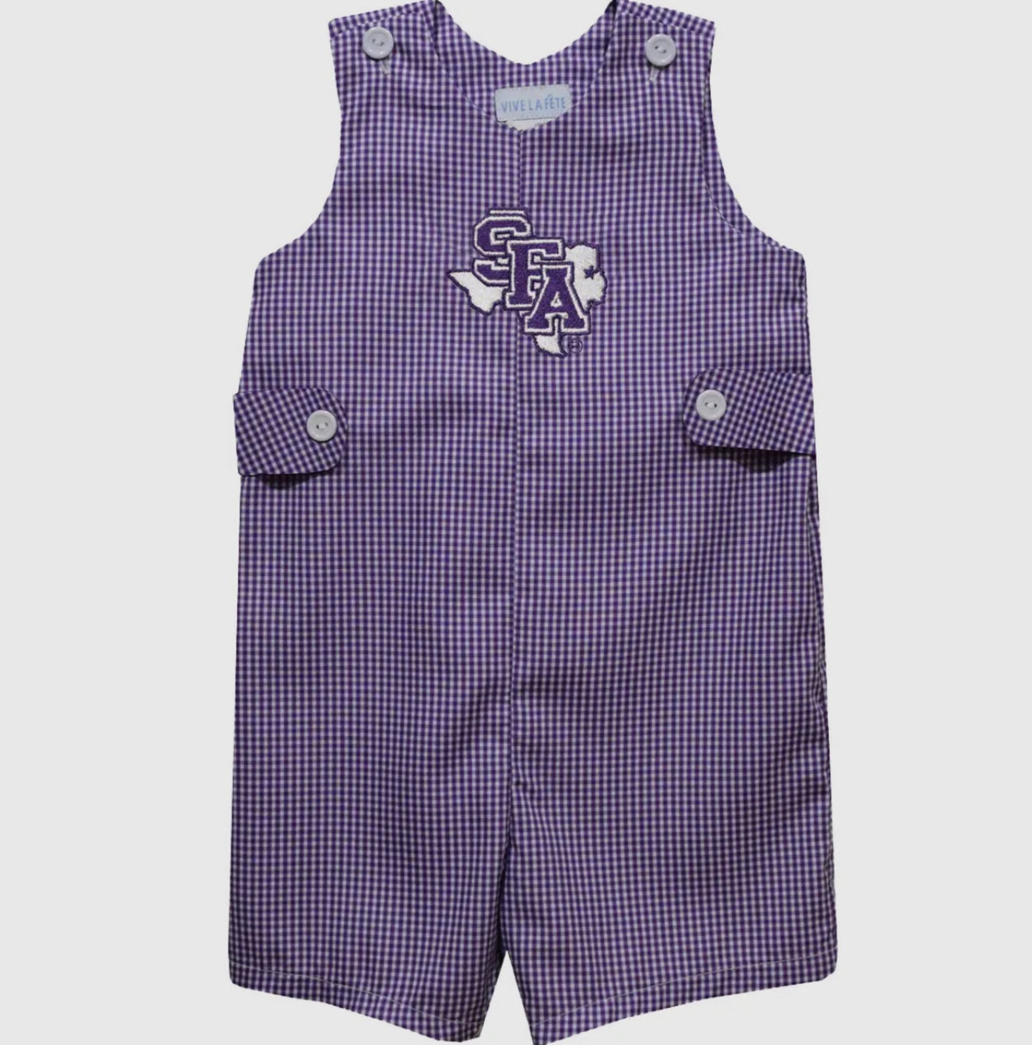 Purple checkered romper with a logo on a white background
