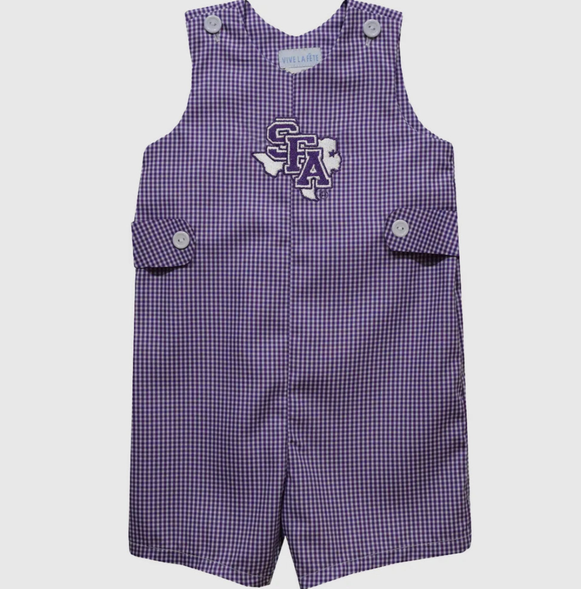 Purple checkered romper with a logo on a white background