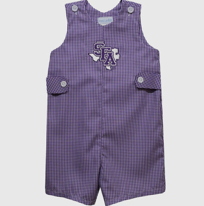 Purple checkered romper with a logo on a white background