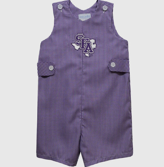 Purple checkered romper with a logo on a white background