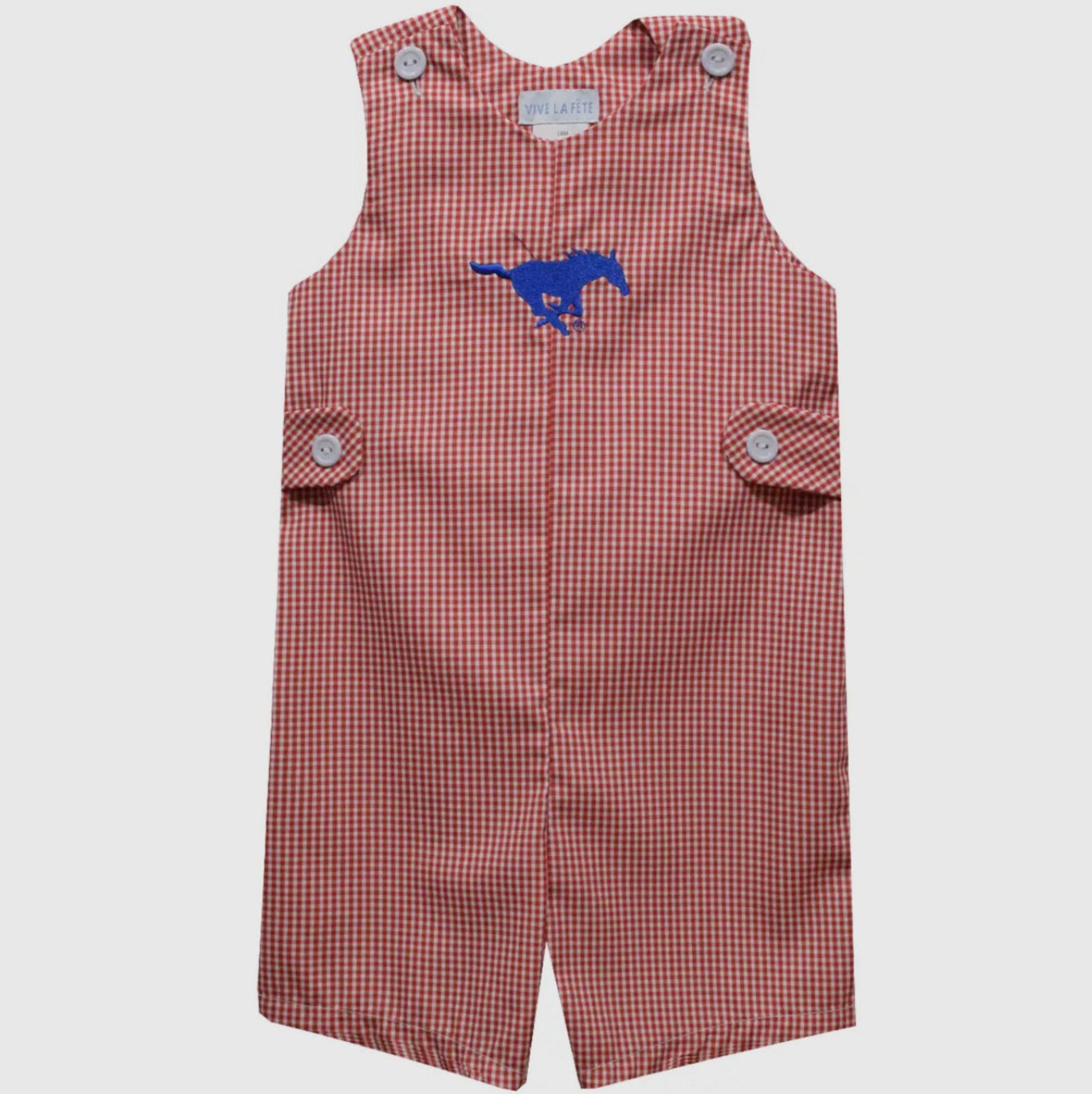 Red checkered romper with blue logo on a white background