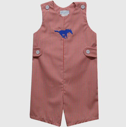 Red checkered romper with blue logo on a white background