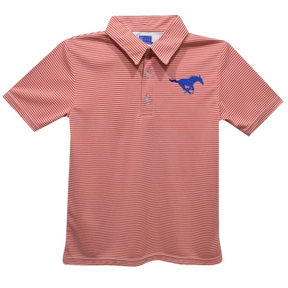 A short-sleeve polo shirt with thin horizontal red and white stripes, featuring a blue embroidered Mustang logo on the left chest, displayed on a clean white background.