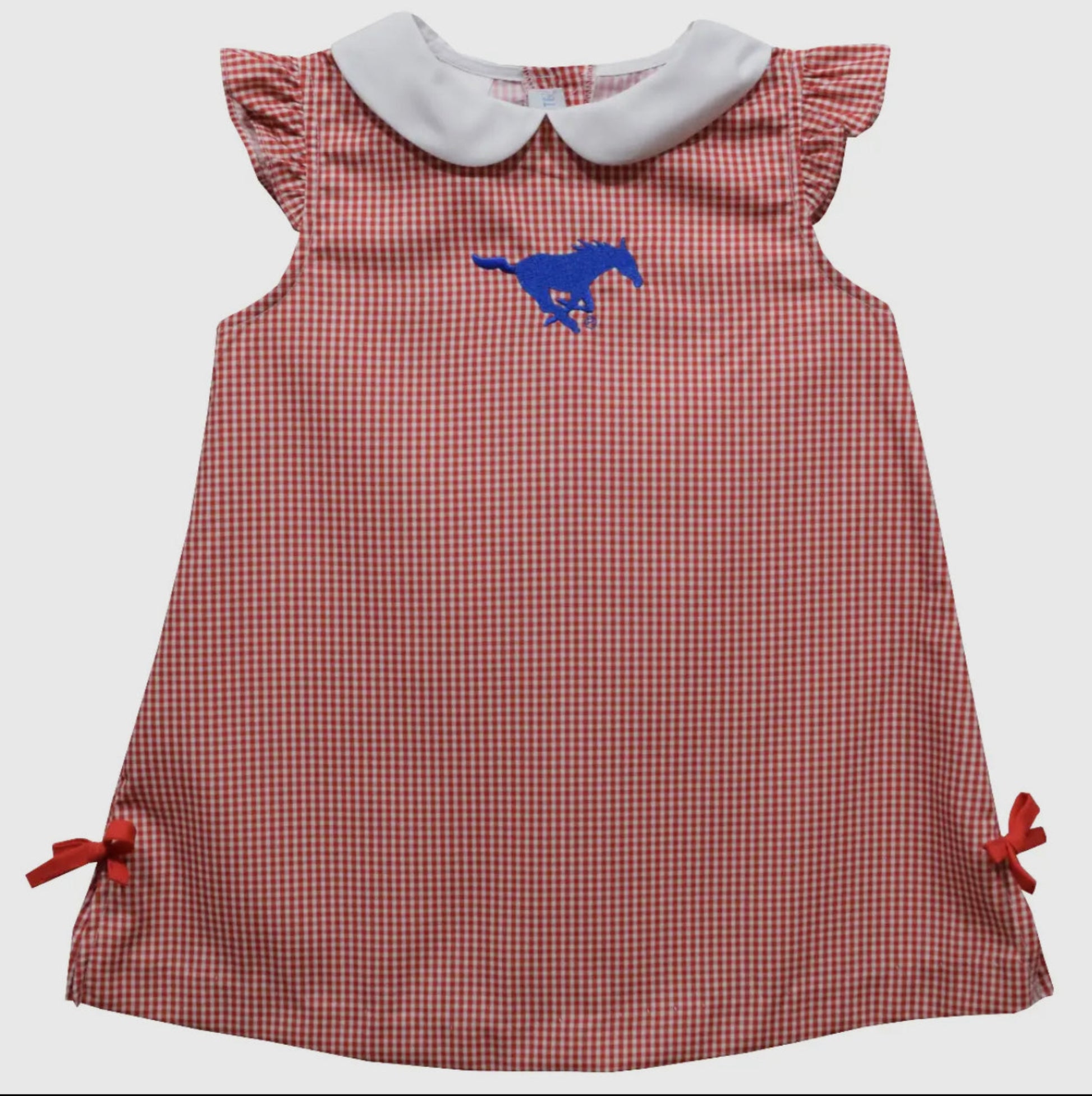 Red checkered dress with blue logo on a white background