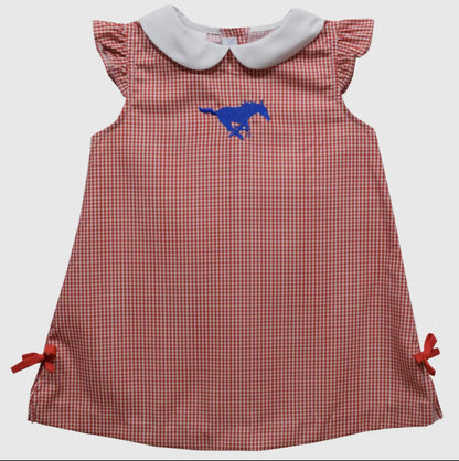 Red checkered dress with blue logo on a white background