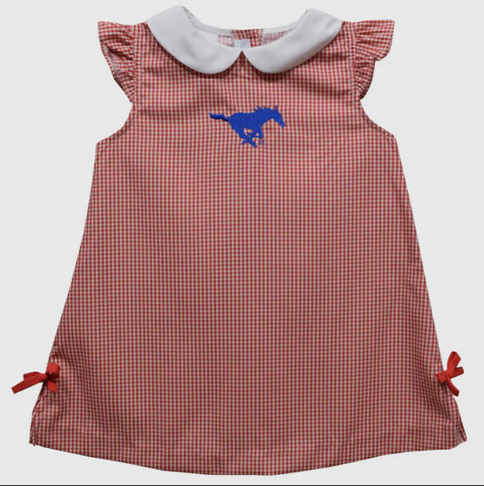 Red checkered dress with blue logo on a white background