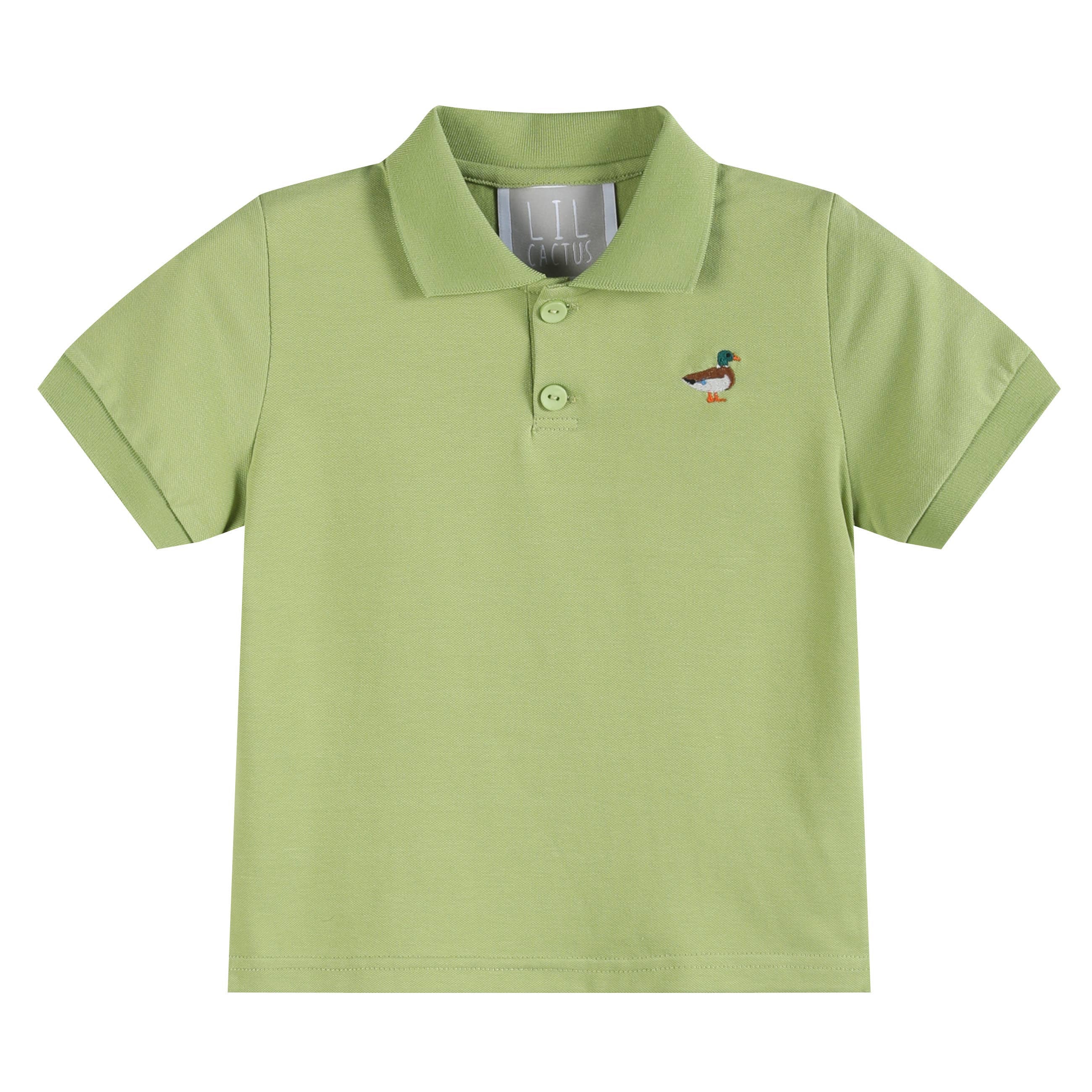 A light green short-sleeve polo shirt for toddlers, featuring a two-button placket and a small embroidered duck logo on the left chest, displayed on a clean white background.