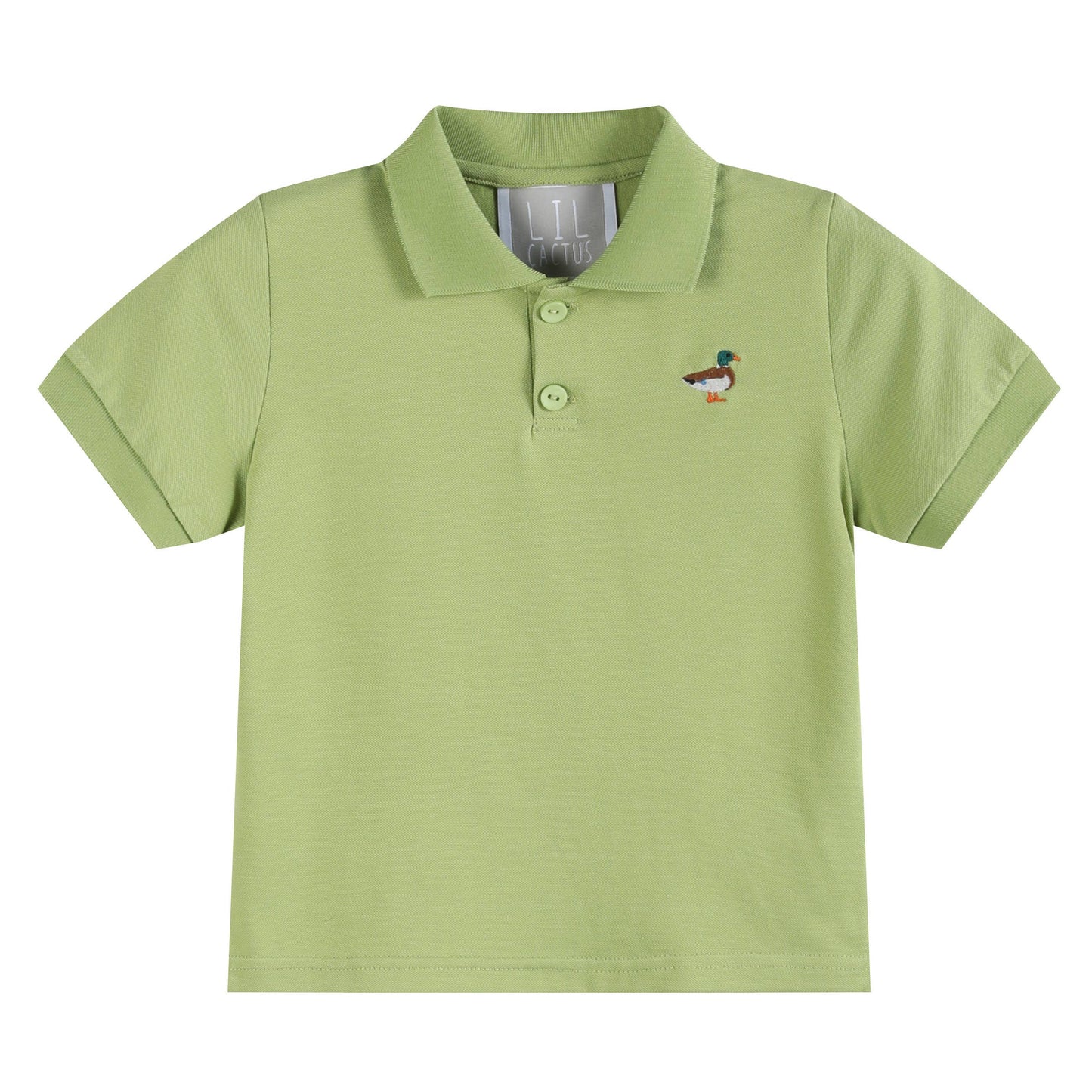 A light green short-sleeve polo shirt for toddlers, featuring a two-button placket and a small embroidered duck logo on the left chest, displayed on a clean white background.