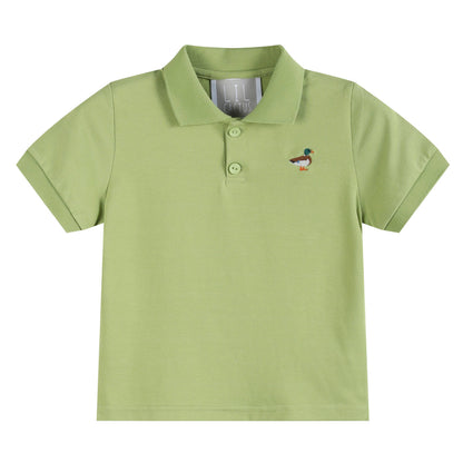 A light green short-sleeve polo shirt for toddlers, featuring a two-button placket and a small embroidered duck logo on the left chest, displayed on a clean white background.