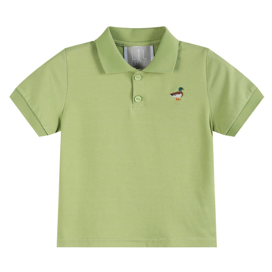 A light green short-sleeve polo shirt for toddlers, featuring a two-button placket and a small embroidered duck logo on the left chest, displayed on a clean white background.