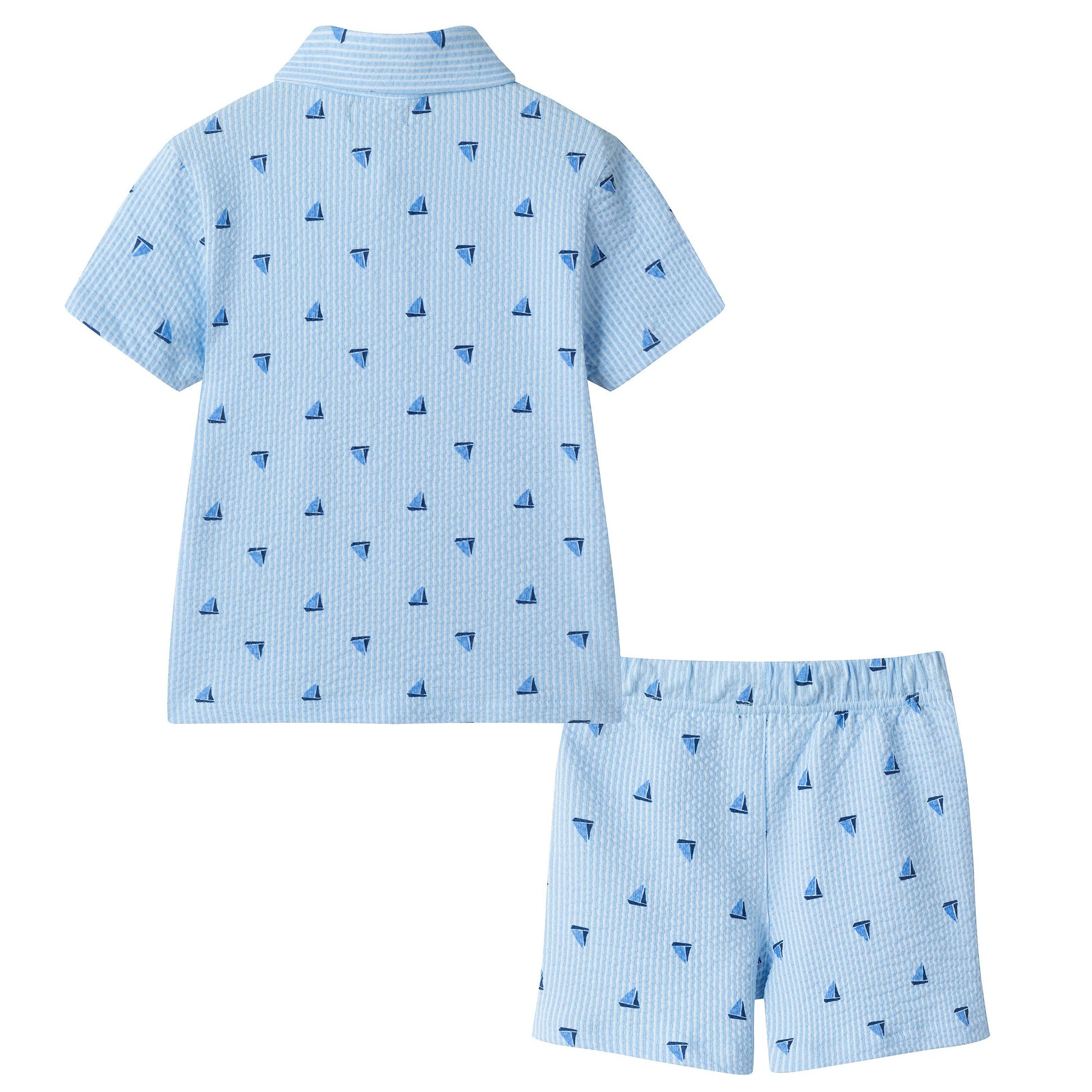 Children's blue outfit with patterned shirt and shorts on a white background