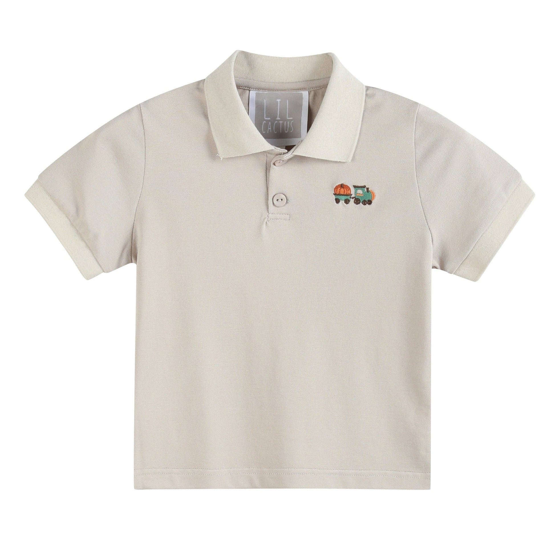 Beige polo shirt with a small embroidered design on a white background
