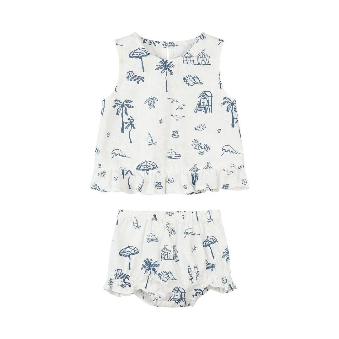 Baby sleeveless top and diaper cover set with blue beach-themed pattern on a white background