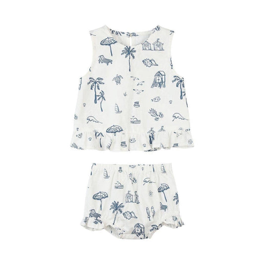 Baby sleeveless top and diaper cover set with blue beach-themed pattern on a white background