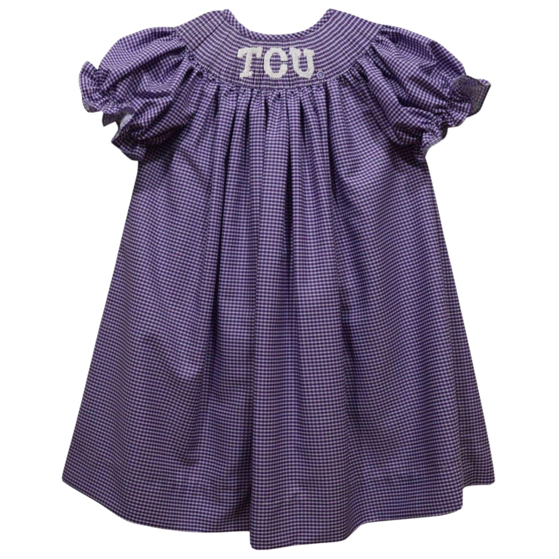 A purple and white gingham baby dress with puffed cap sleeves and 'TOU' embroidered in white on the back neckline, shown against a plain white background.