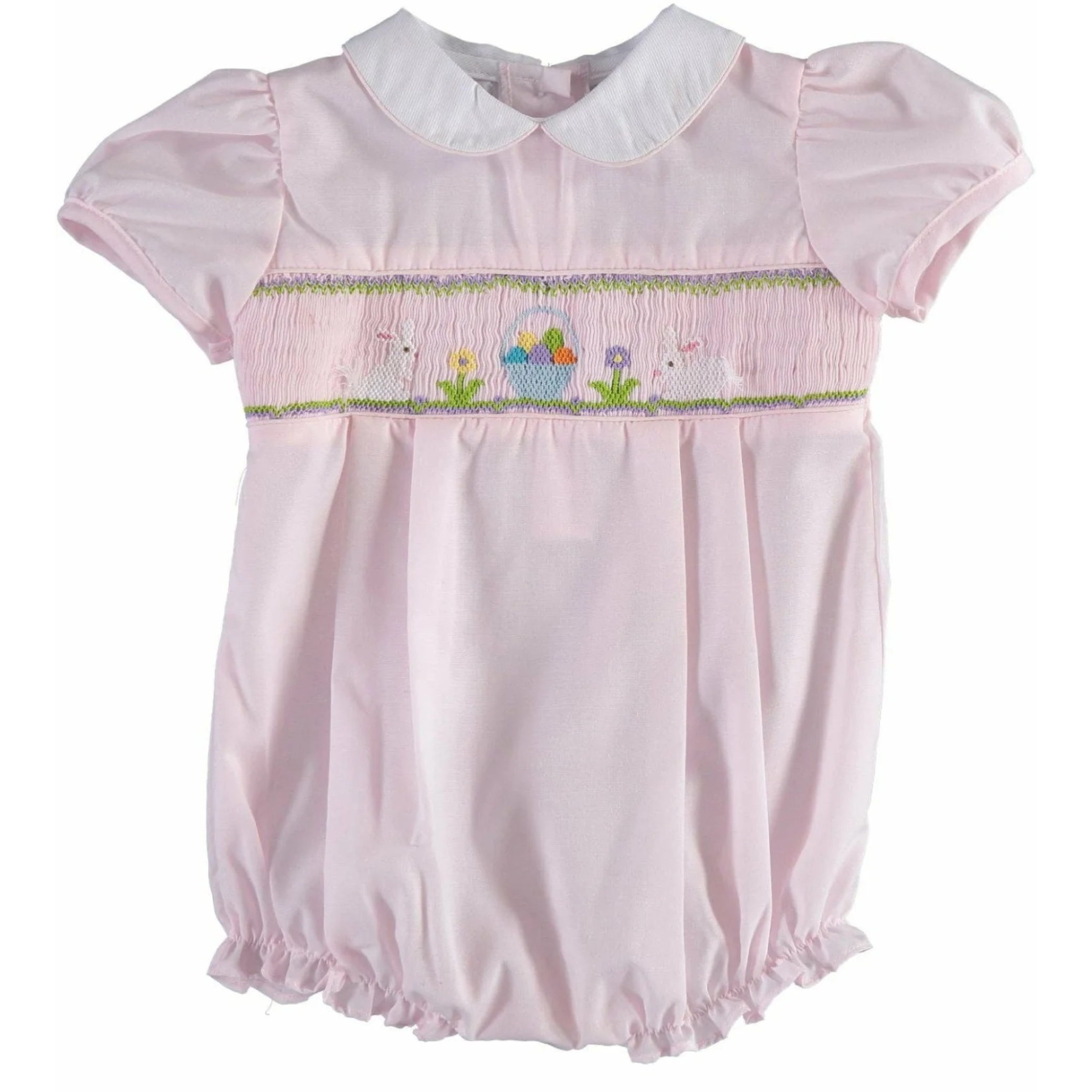 Pink baby romper with white collar and embroidered details on a white background