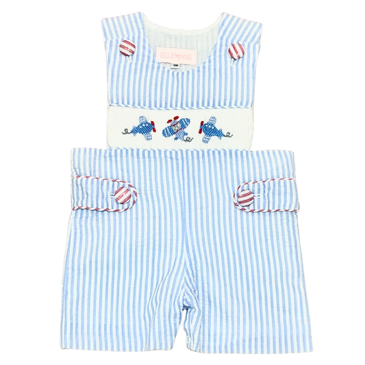 Blue and white striped baby romper with airplane design on a white background