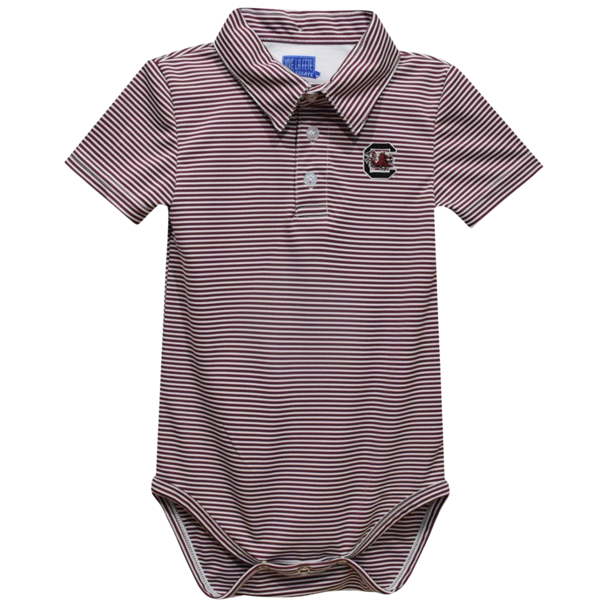 A baby short-sleeve polo bodysuit with thin horizontal burgundy and white stripes, featuring a small embroidered logo on the left chest and a three-button placket.