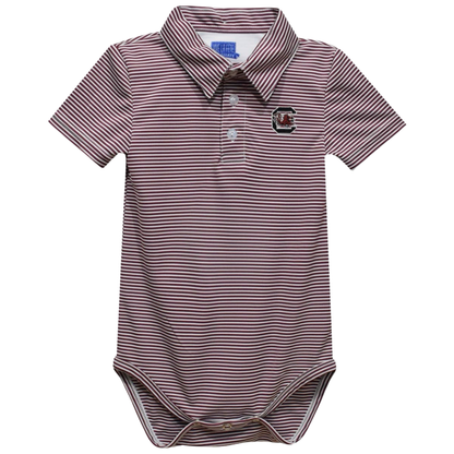 A baby short-sleeve polo bodysuit with thin horizontal burgundy and white stripes, featuring a small embroidered logo on the left chest and a three-button placket.