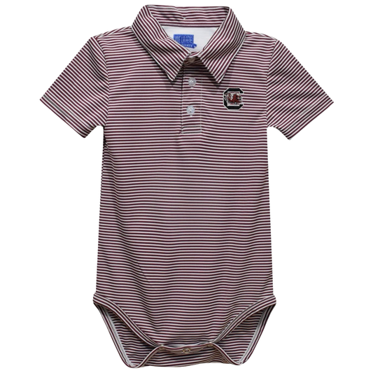 A baby short-sleeve polo bodysuit with thin horizontal burgundy and white stripes, featuring a small embroidered logo on the left chest and a three-button placket.