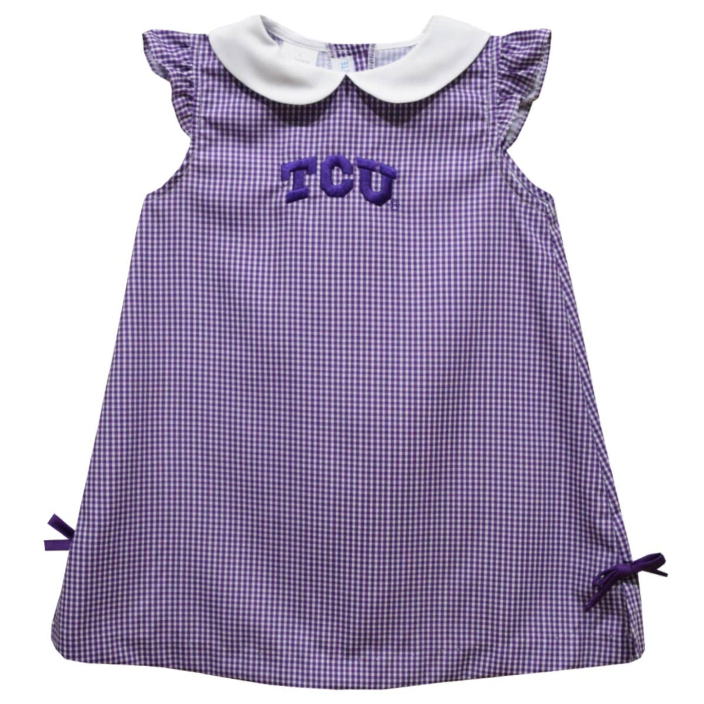 Purple checkered dress with 'TCU' lettering on a white background