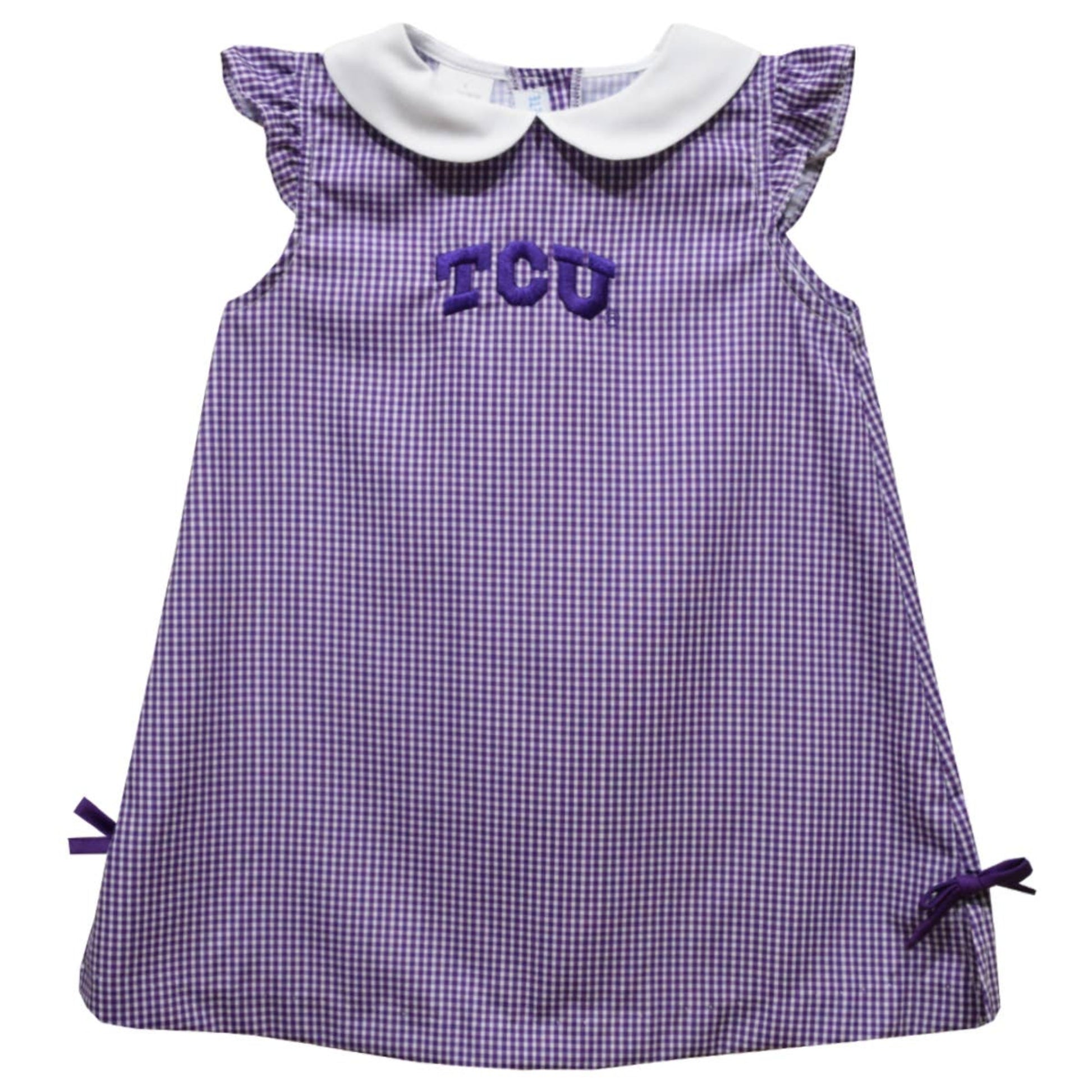 Purple checkered dress with 'TCU' lettering on a white background