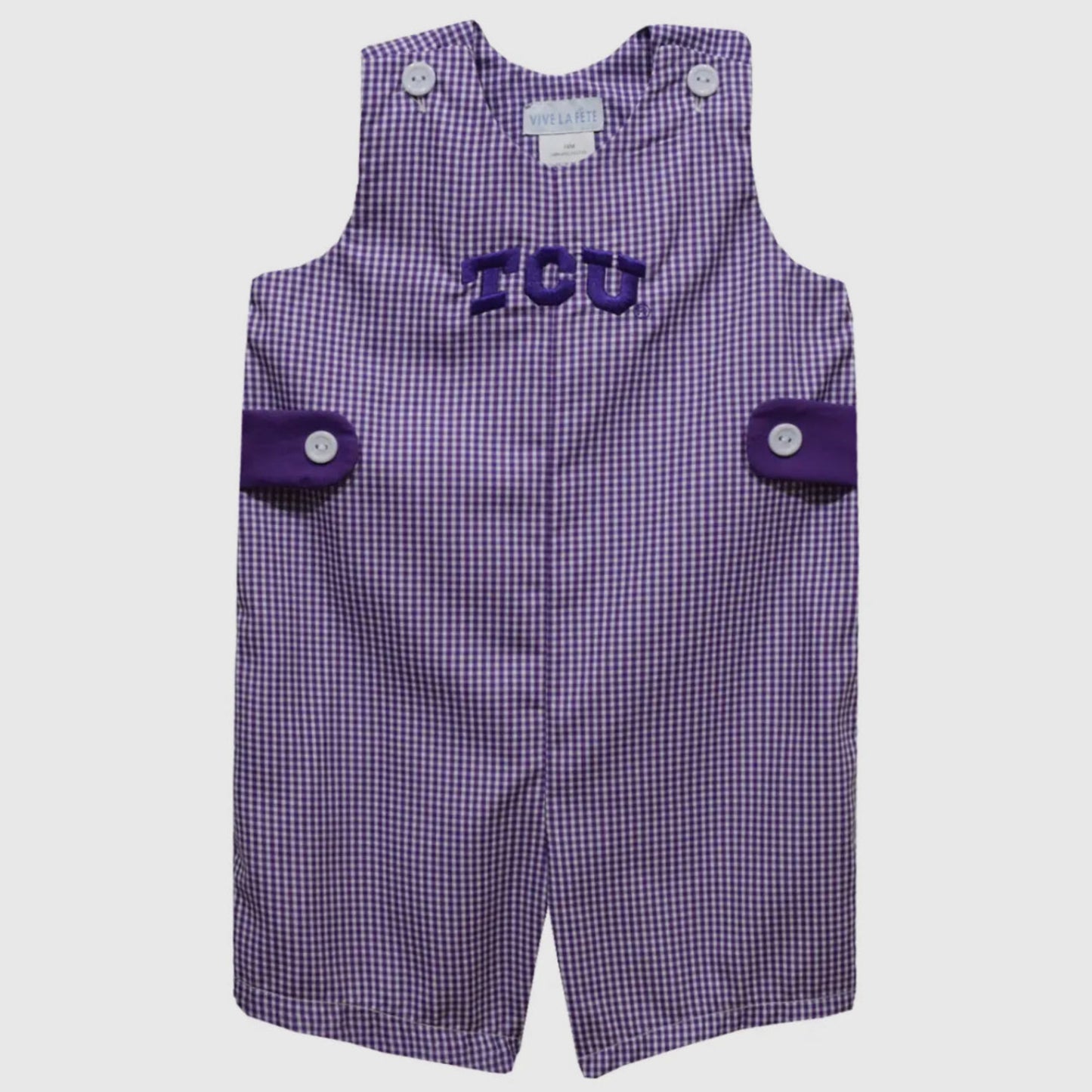 Purple checkered romper with 'TCU' logo on a white background
