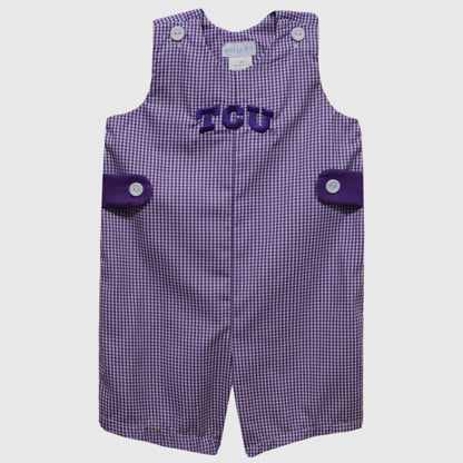 Purple checkered romper with 'TCU' logo on a white background