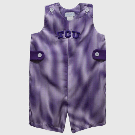 Purple checkered romper with 'TCU' logo on a white background