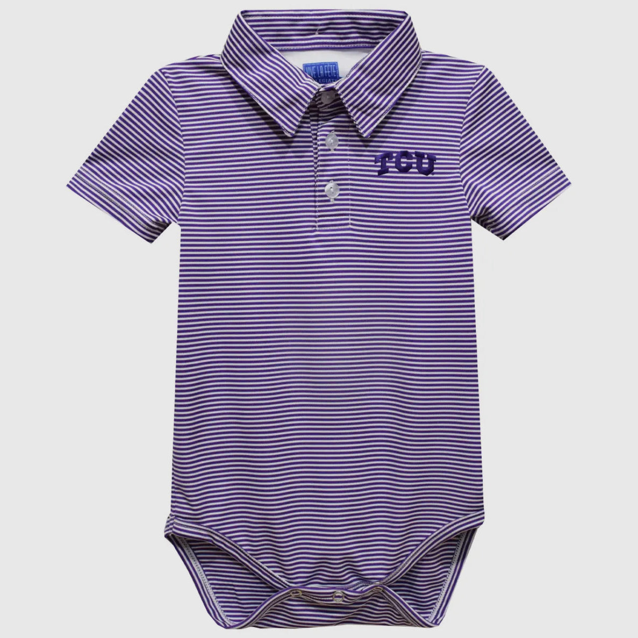 Purple and white striped baby bodysuit with 'TCU' logo on a light gray background