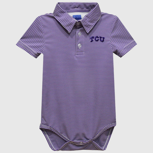 Purple and white striped baby bodysuit with 'TCU' logo on a light gray background