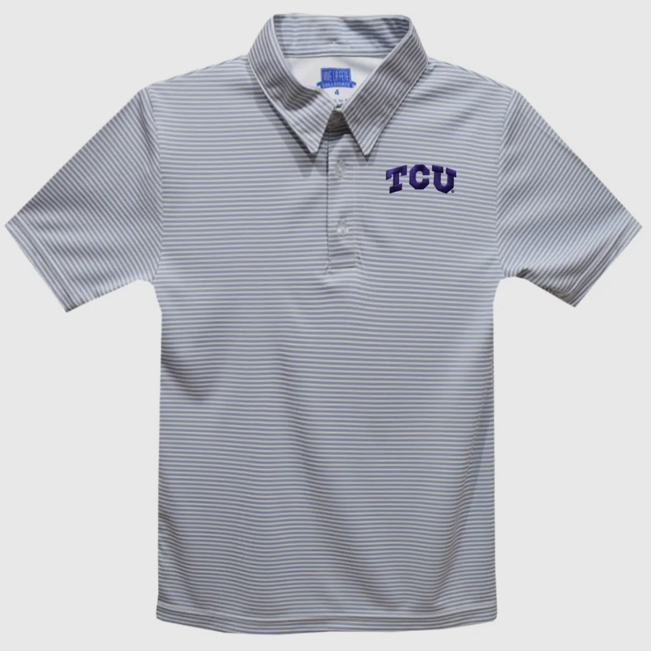 Gray striped polo shirt with 'TCU' logo on a white background