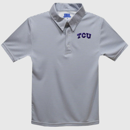 Gray striped polo shirt with 'TCU' logo on a white background