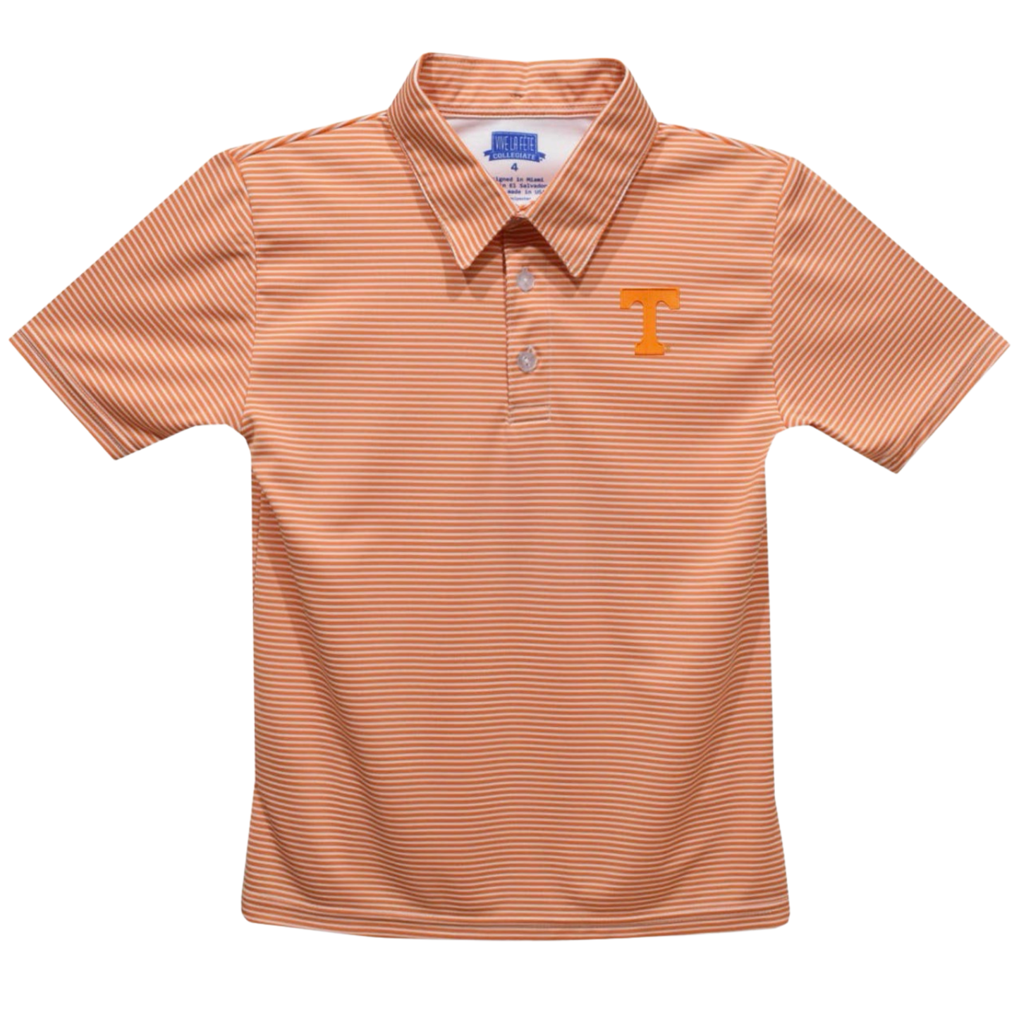 A short-sleeve polo shirt in a peach and white horizontal stripe pattern, featuring a small orange embroidered 'T' logo on the left chest, displayed on a clean white background.