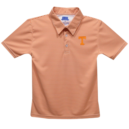 A short-sleeve polo shirt in a peach and white horizontal stripe pattern, featuring a small orange embroidered 'T' logo on the left chest, displayed on a clean white background.