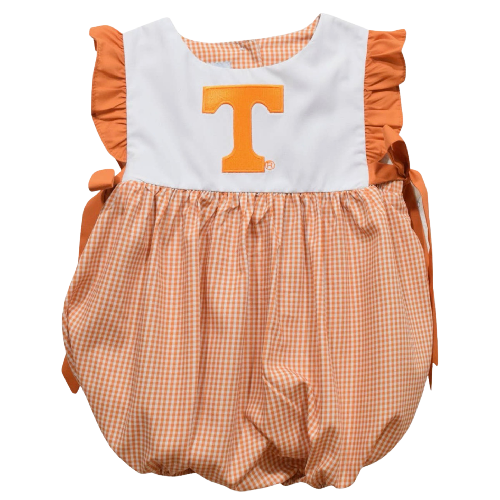 A toddler girl's sleeveless bubble romper in orange and white gingham, featuring a solid white bib top with a large orange Tennessee 'T' logo and orange ruffle trim on the sides.
